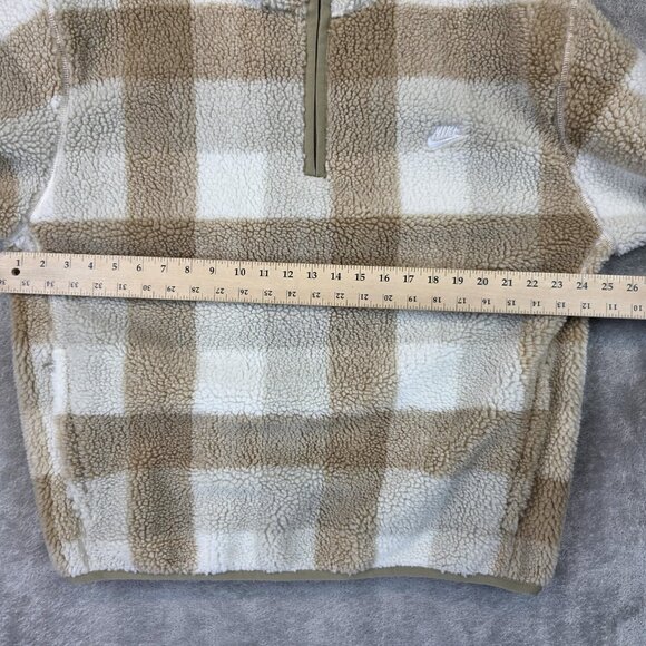 Nike Pullover Mens Large Tan White Plaid Sherpa Fleece Half Zip Checkered Jacket - Picture 7 of 12